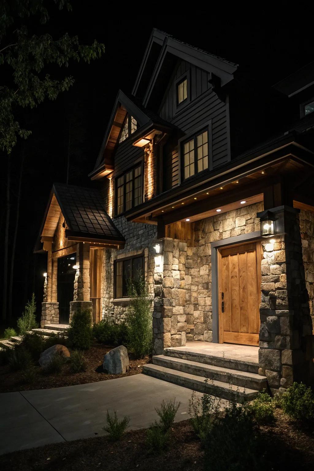 A dark home exterior beautifully accented with stone and wood.