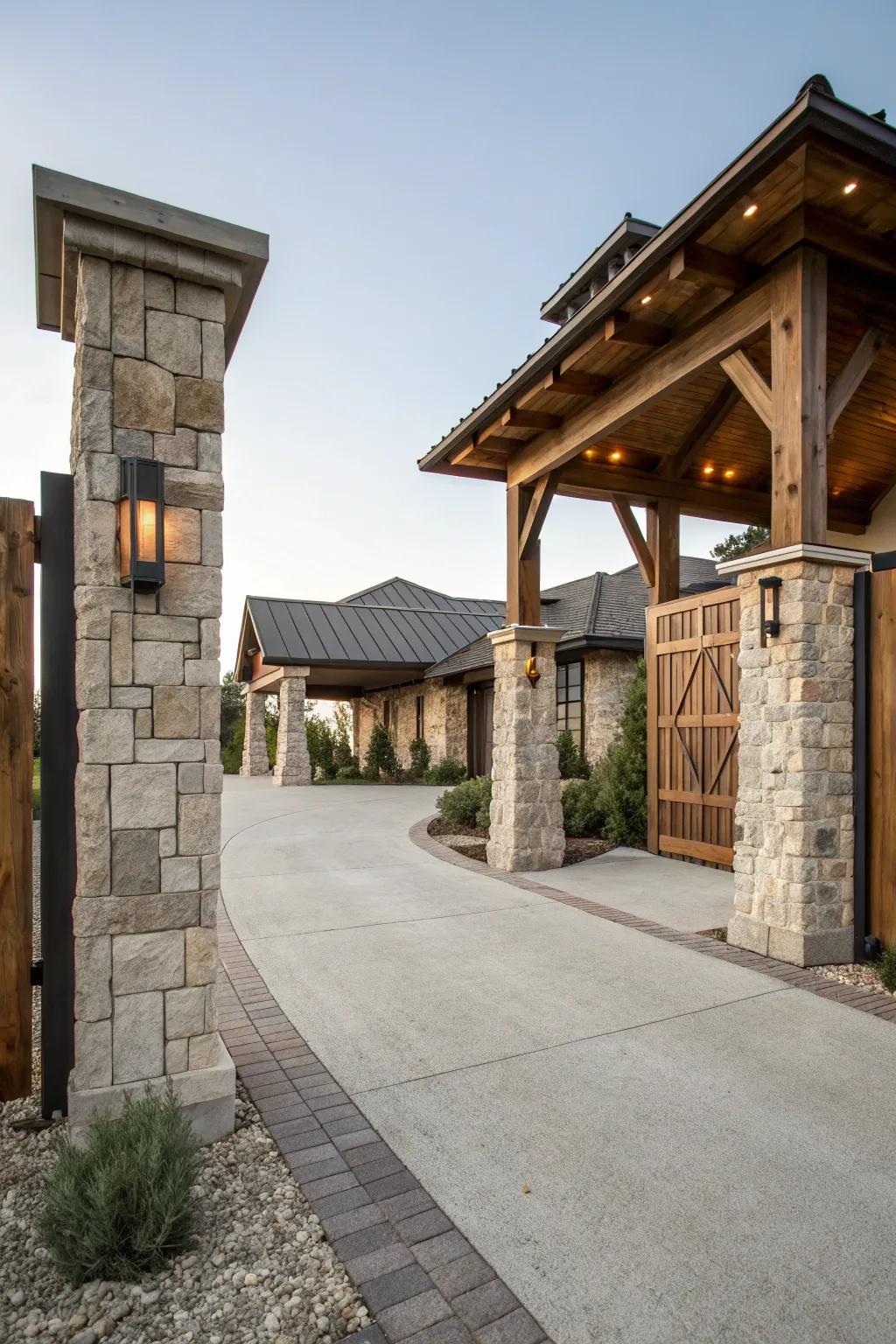A blend of rustic and modern elements for a unique entrance.