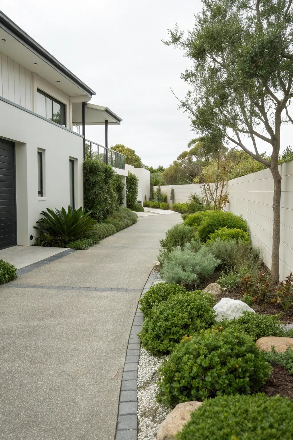 A driveway complemented by minimalist landscaping.