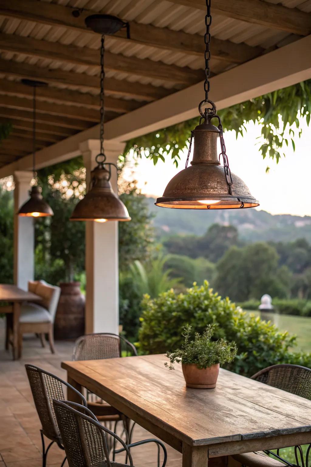 Rustic metal pendant lights add elegance to this outdoor dining area.