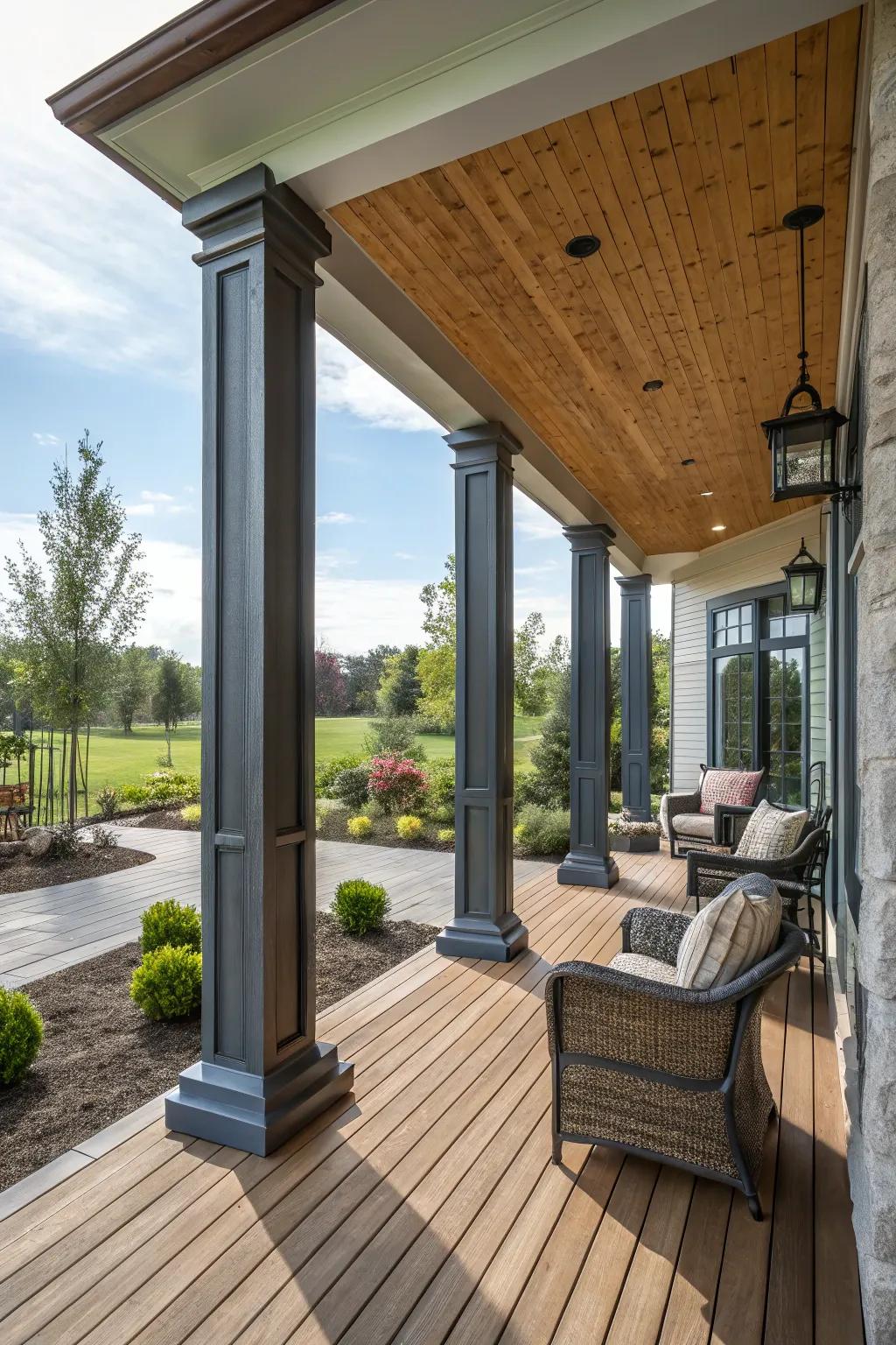 The combination of wood and metal creates a striking modern farmhouse porch.