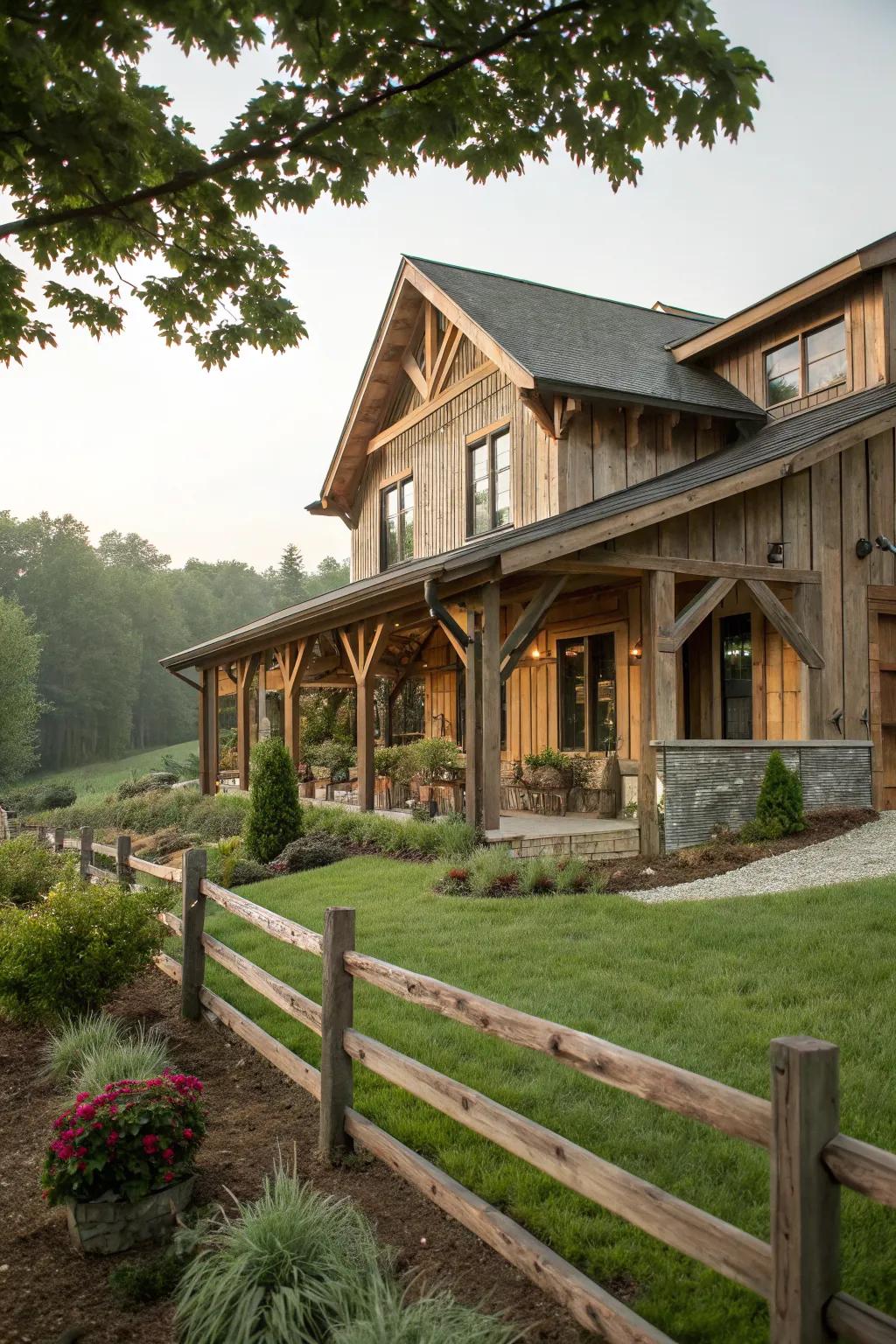 Natural wood elements adding warmth to the farmhouse exterior.