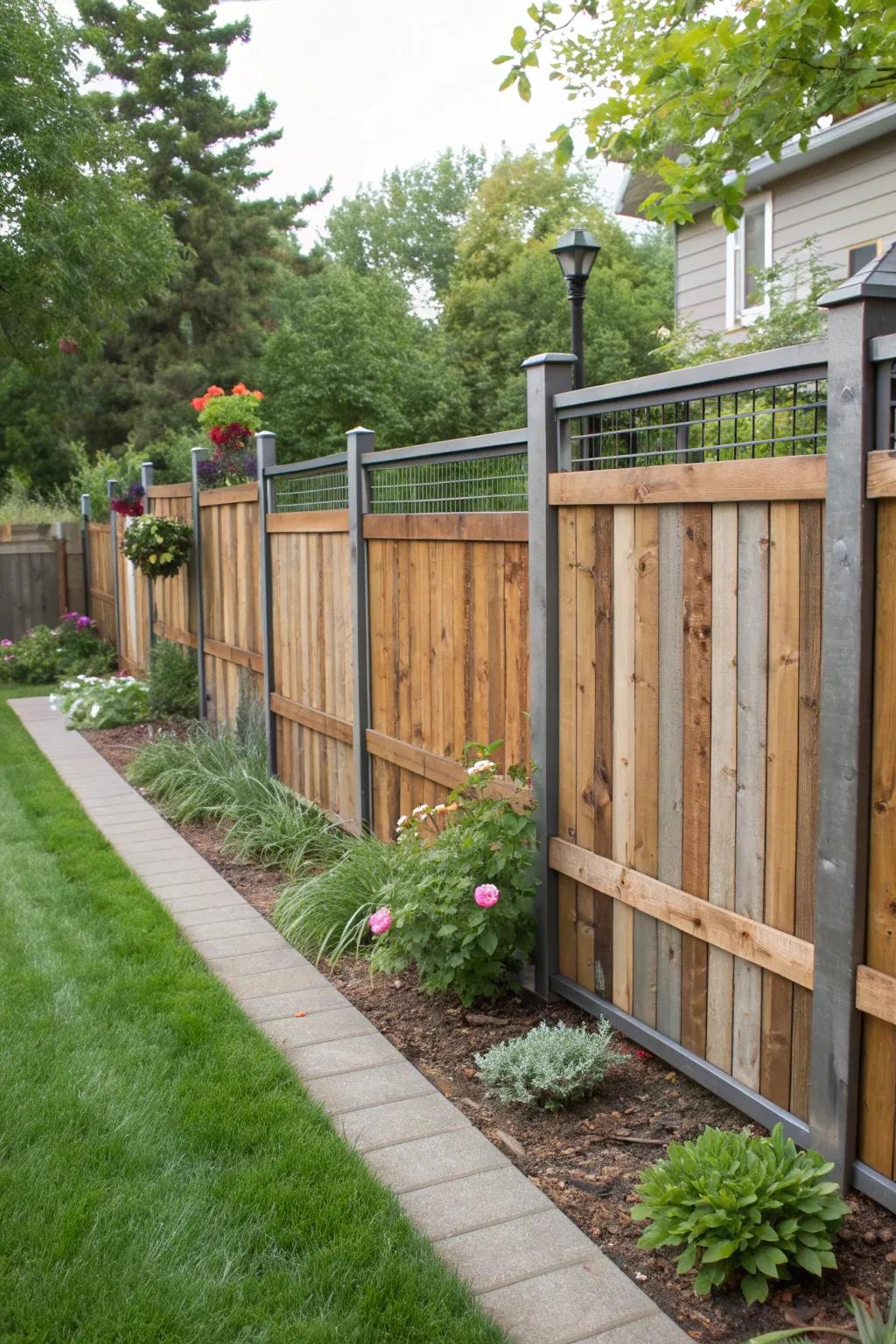 Mixed materials create a striking and modern fence design.