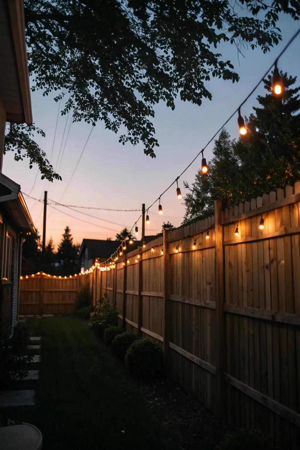 String lights create a cozy and inviting atmosphere along a backyard fence.