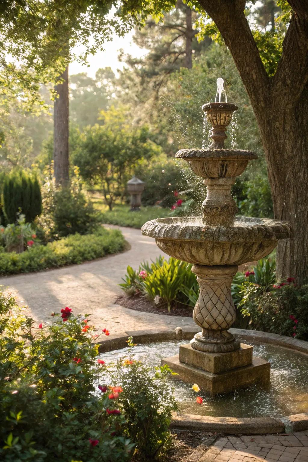 A small stone fountain adds a touch of Provence to any garden
