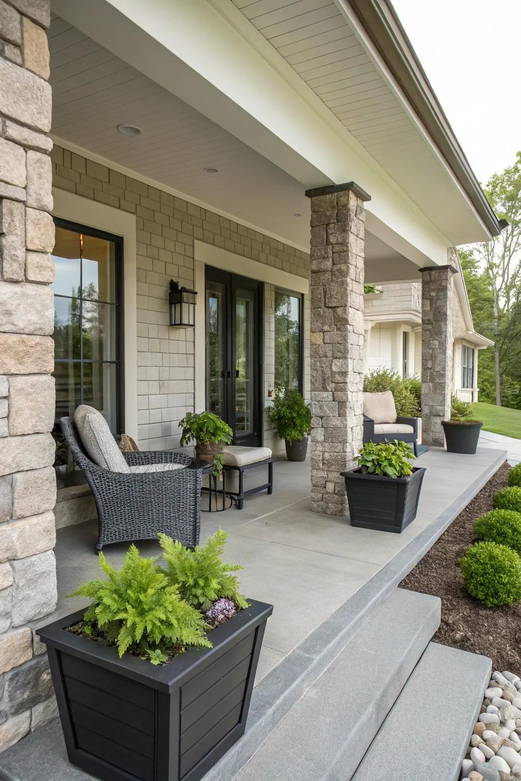Stone accents provide an elegant touch to these modern columns.