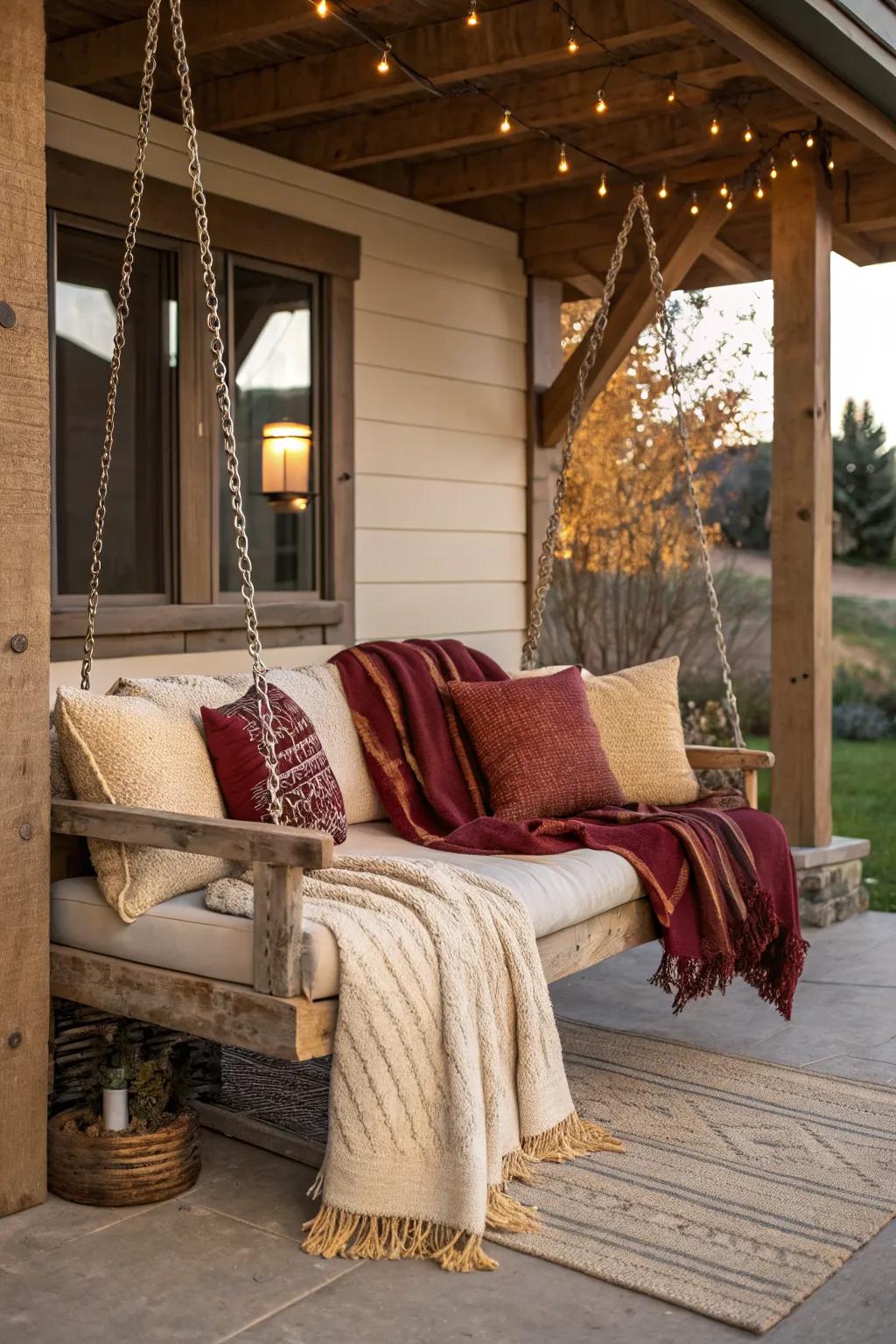 A porch swing invites relaxation and nostalgia.