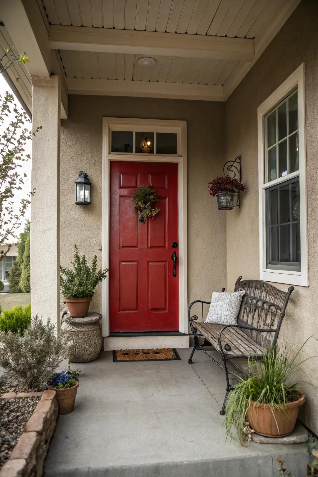 A colorful front door adds personality and charm to a small space.
