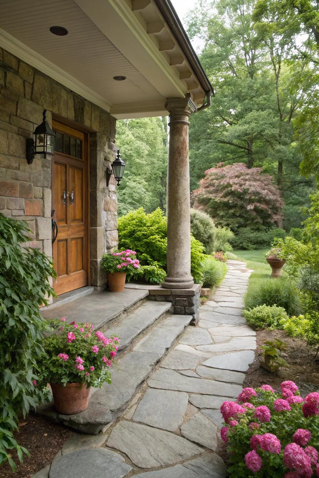 Stone pillars add natural texture and depth.