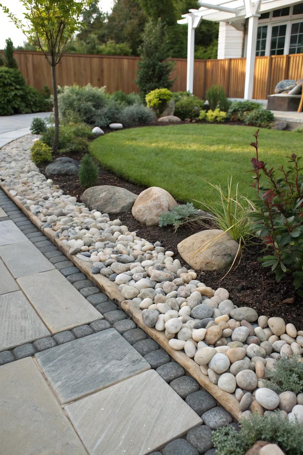 Combine pebbles and stones for a textured, modern garden border.
