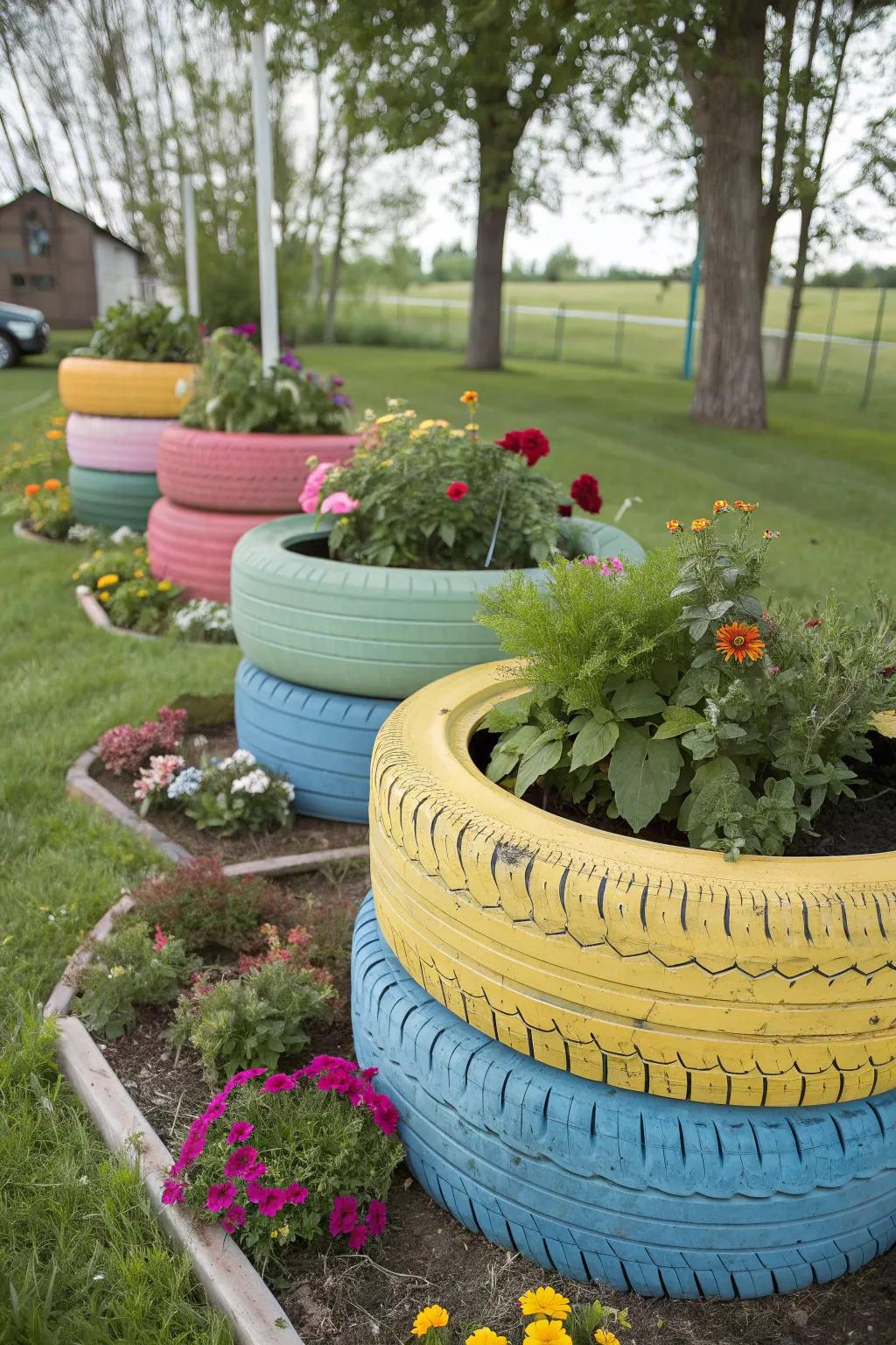 Stacked and painted tire planters bring color and fun to the garden.