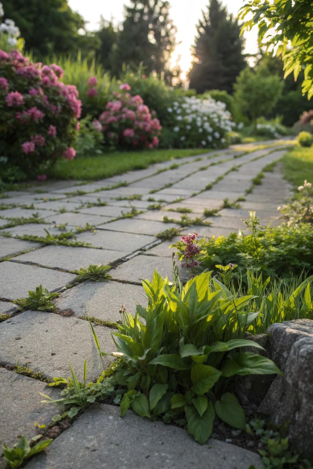 A garden with plants growing between paving stones, adding natural charm.