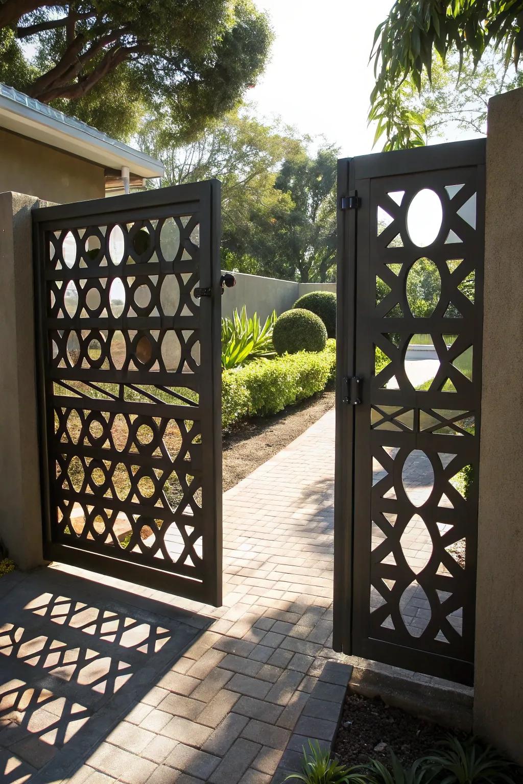 A gate with geometric pattern cutouts for an artistic entrance.