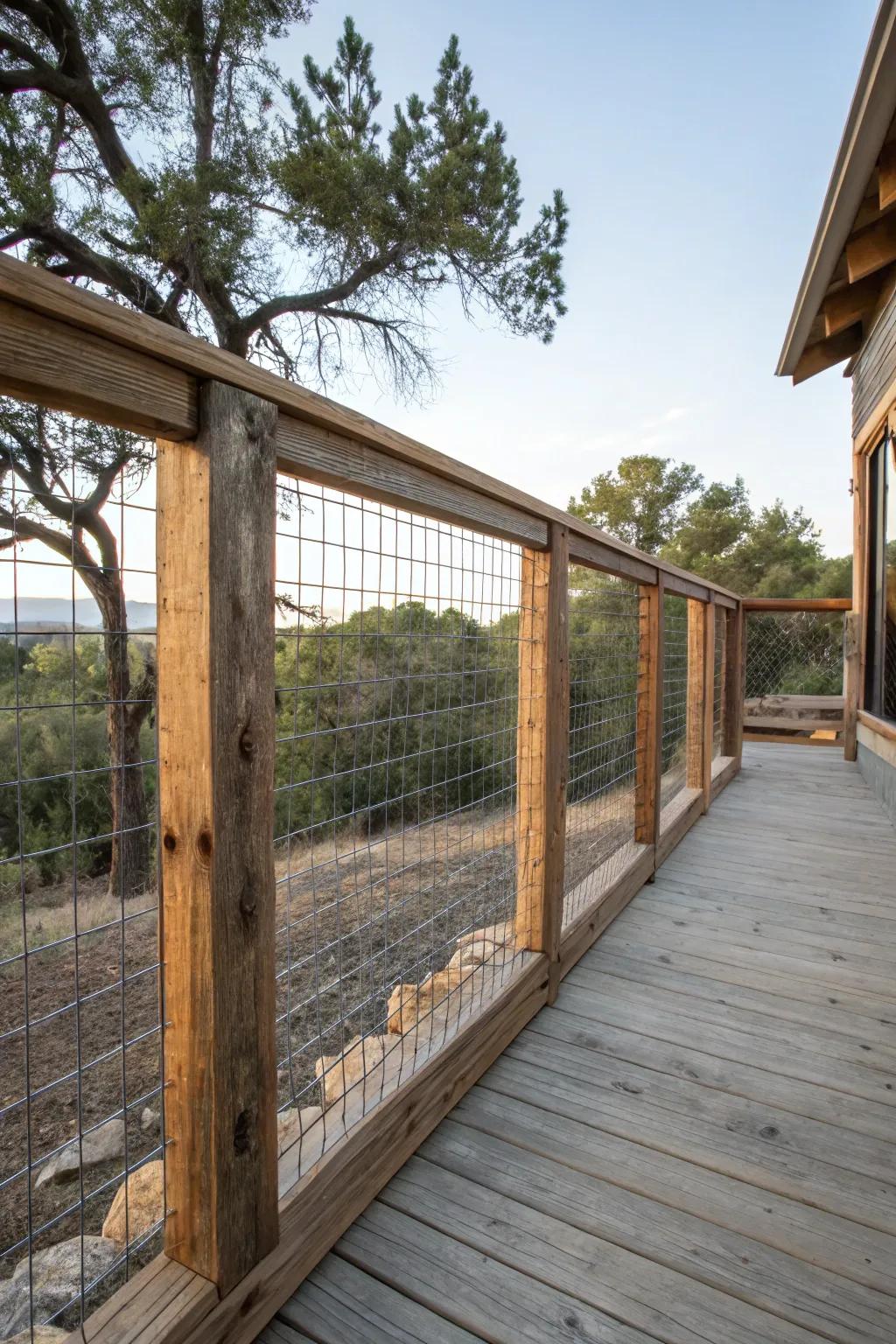 Reclaimed wood adds a touch of rustic charm to hog wire railings.