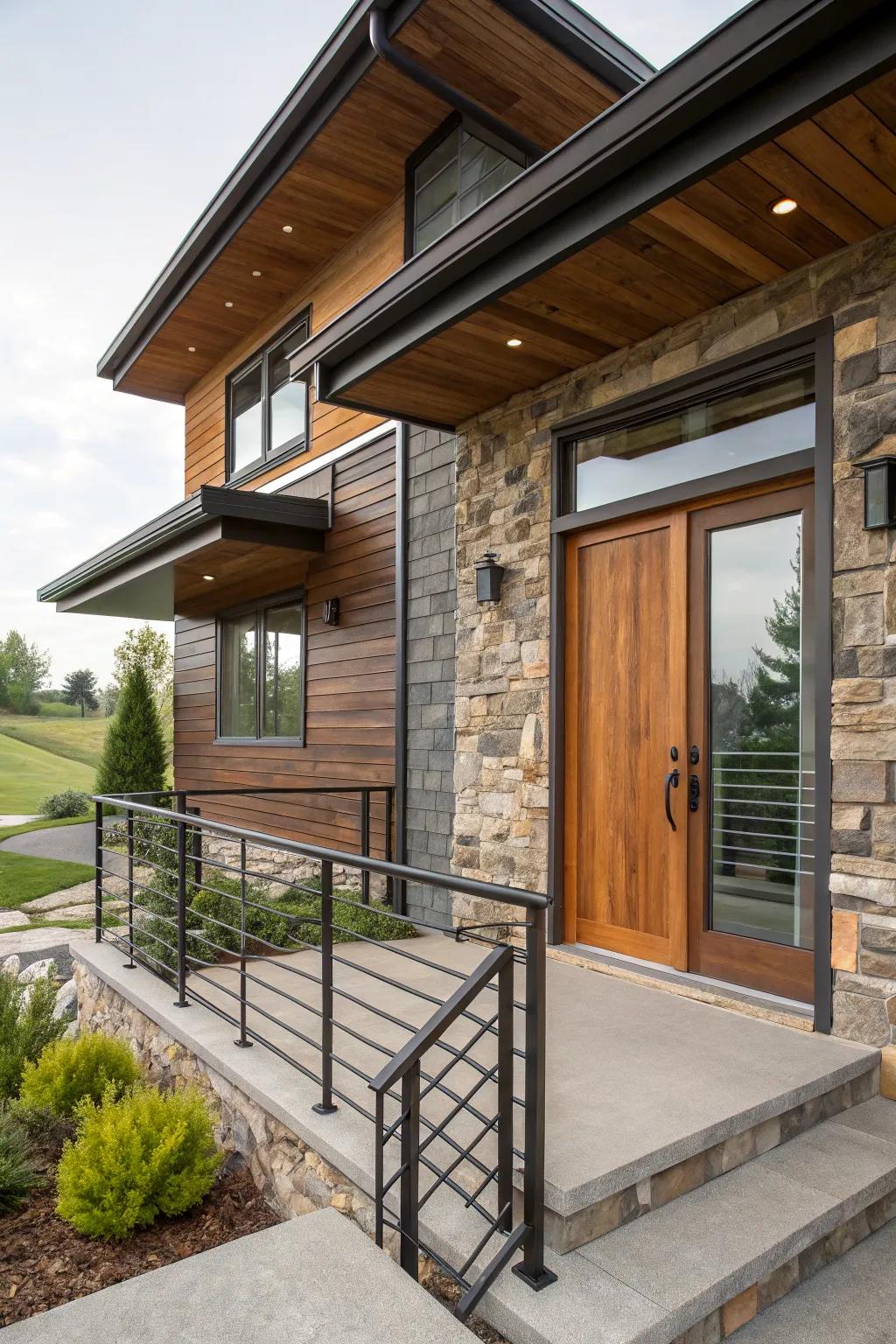 A home with a facade combining wood, metal, and stone for a textured look.