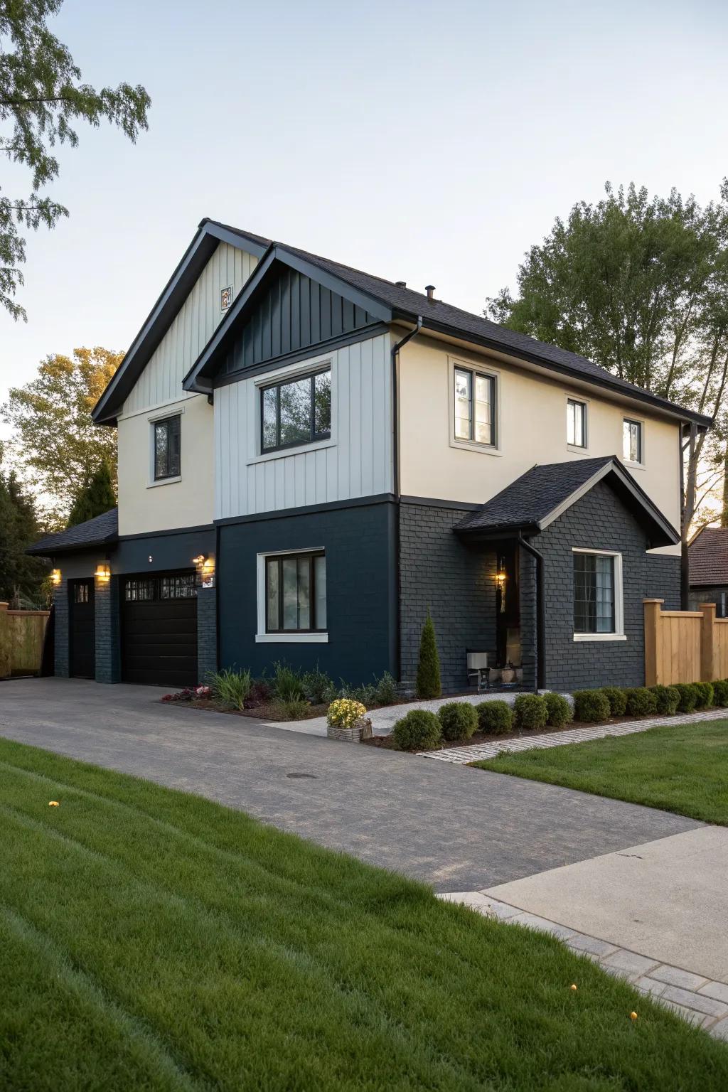 A modern house showcasing a two-tone color scheme for added depth.