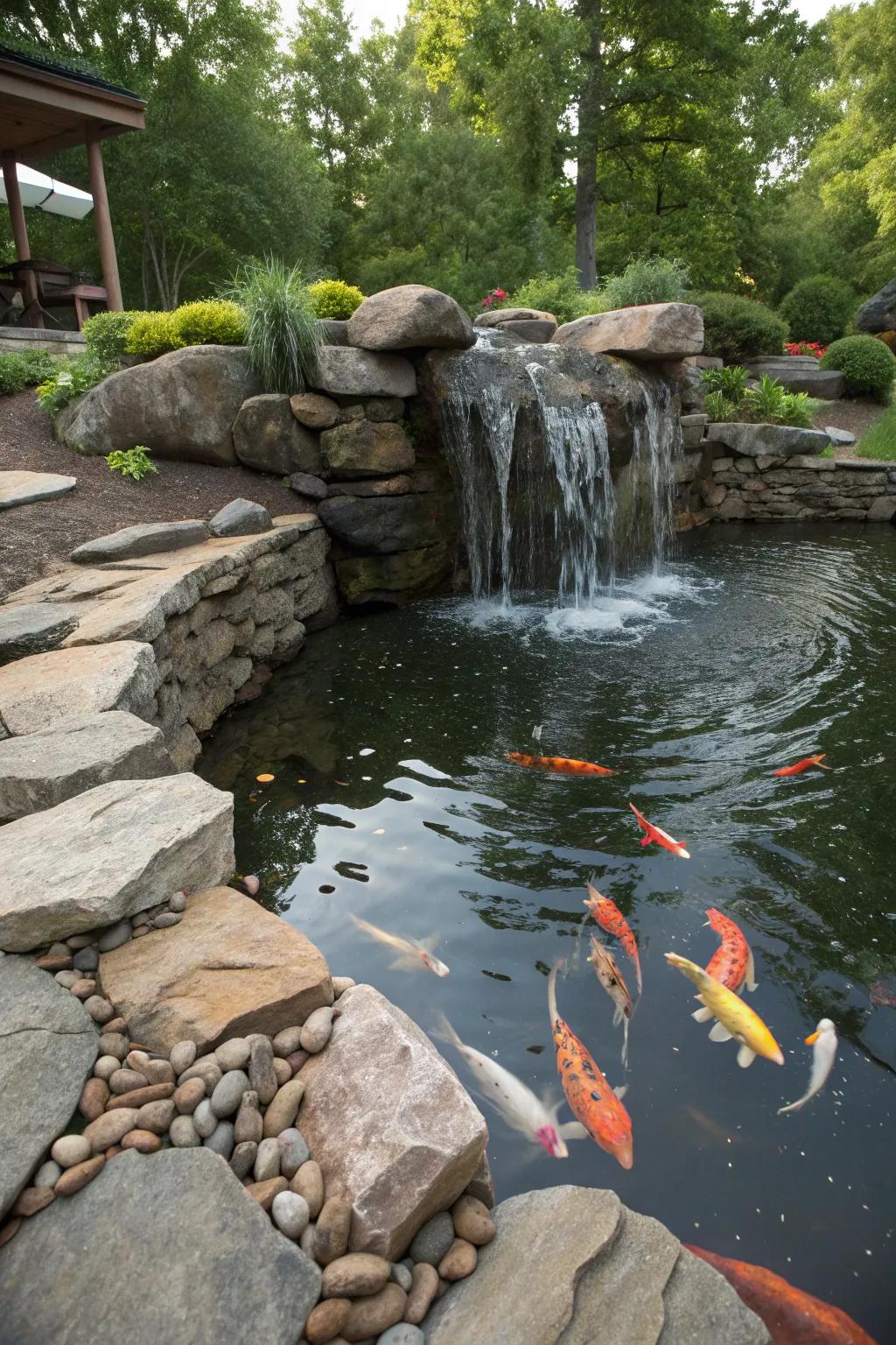 Let the soothing sound of water elevate your koi pond experience.