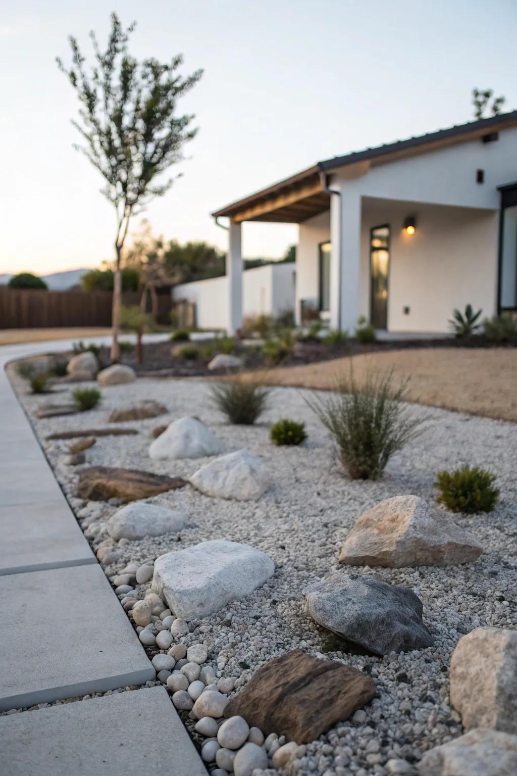Rocks and gravel add natural texture to a minimalist landscape.