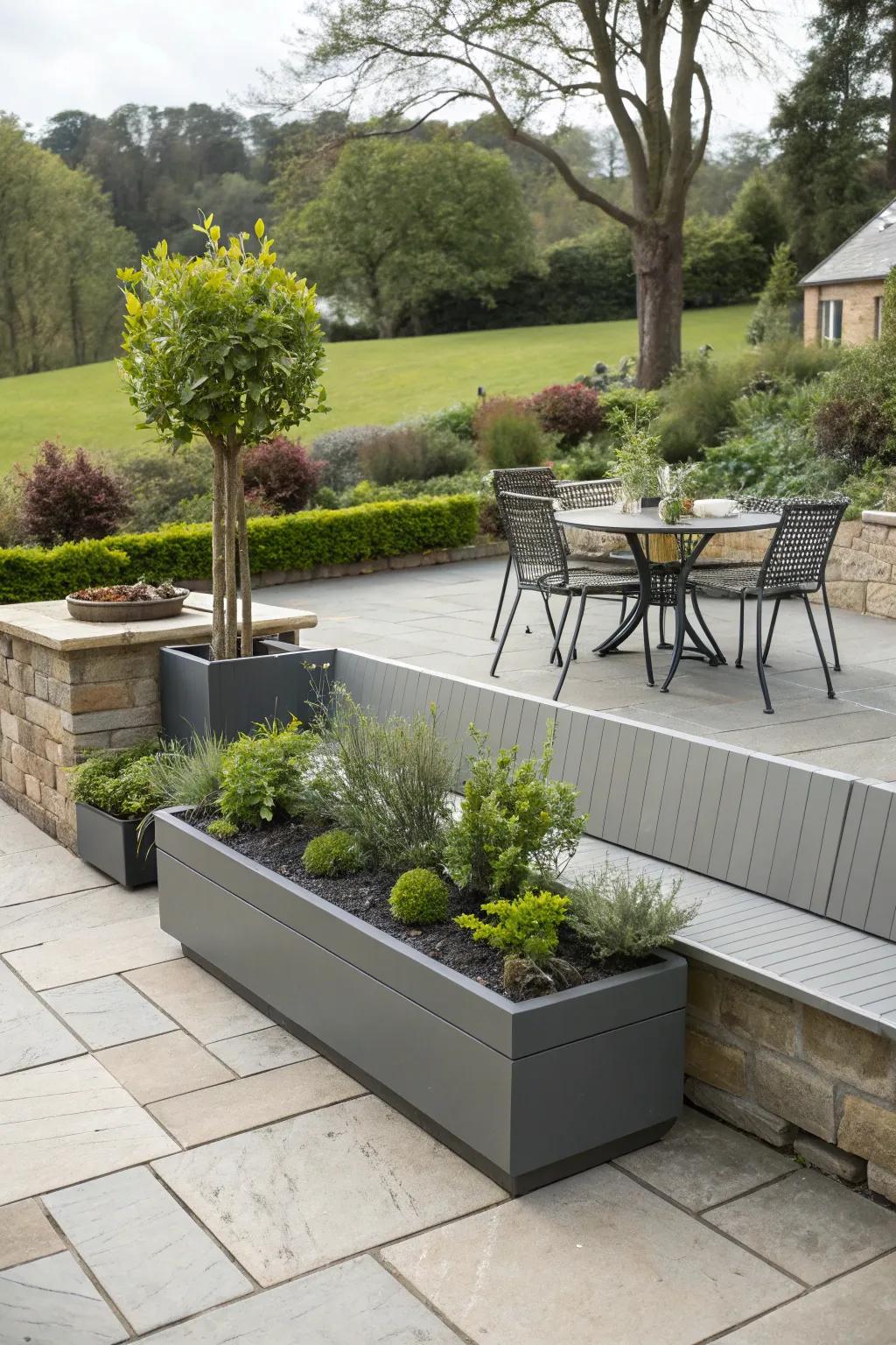A modern bench with built-in planters, adding greenery to the patio.
