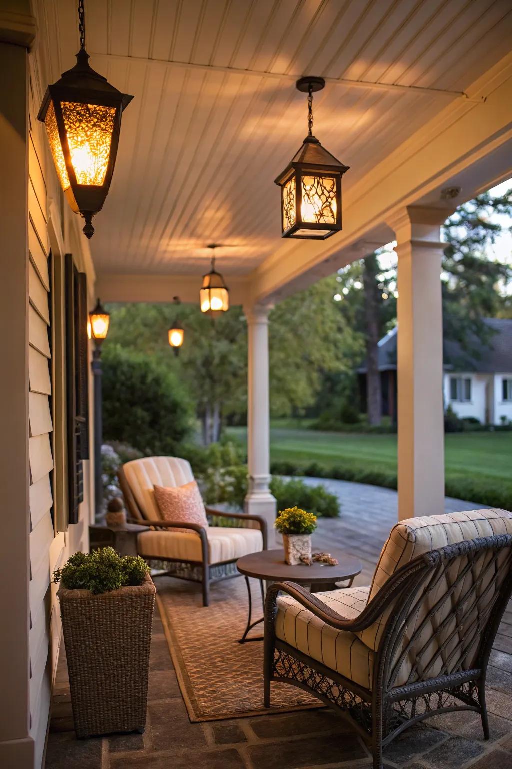 Create a cozy atmosphere with lantern-style ceiling lights.