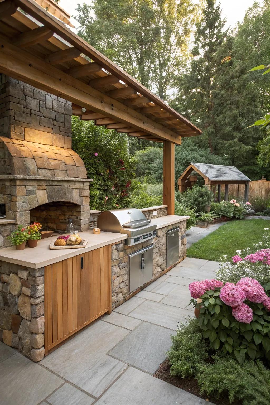 Natural materials like wood and stone create a seamless transition between your kitchen and the outdoors.