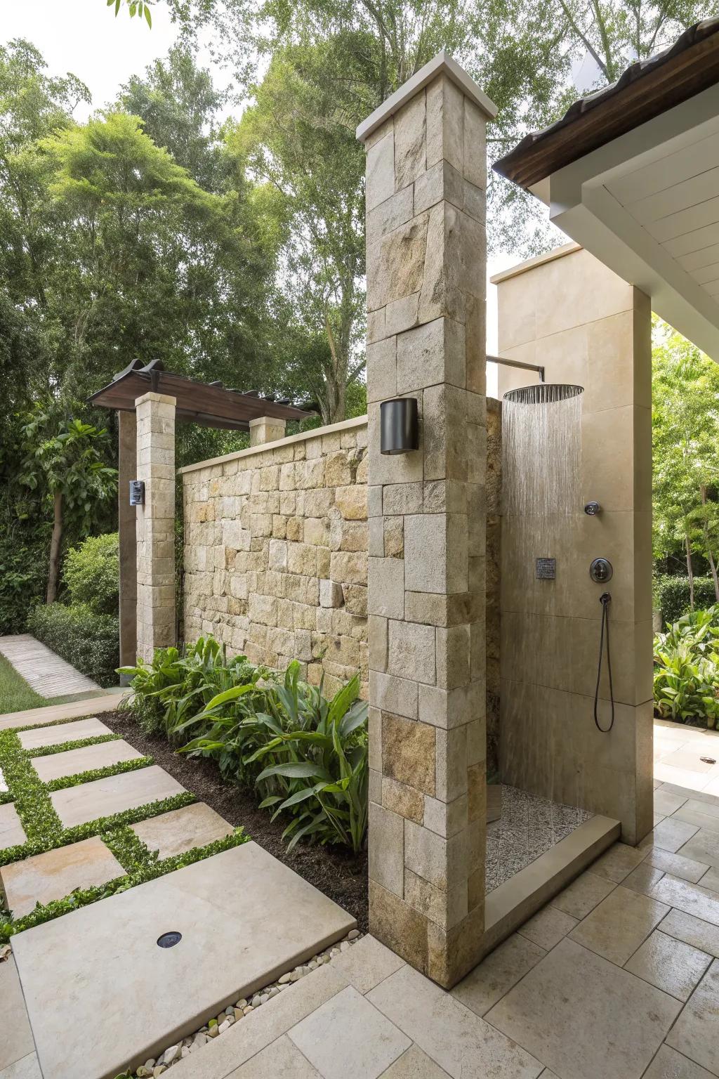 A stone-clad outdoor shower exuding modern elegance.