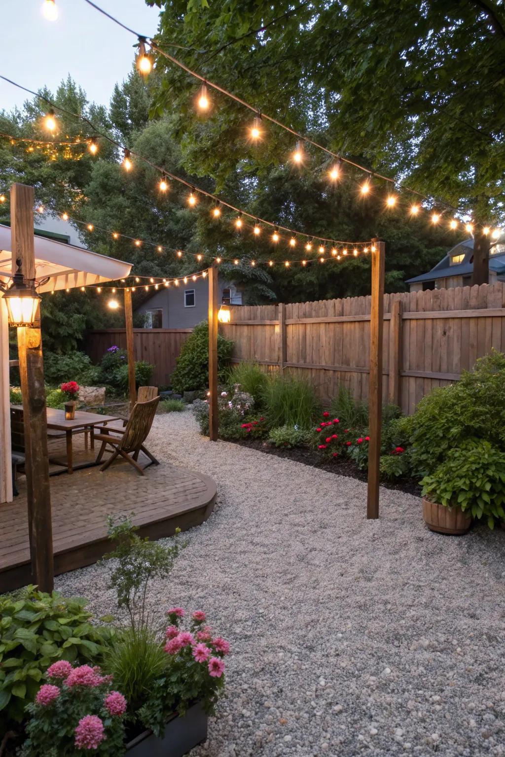 String lights add a magical touch to any pea gravel patio.