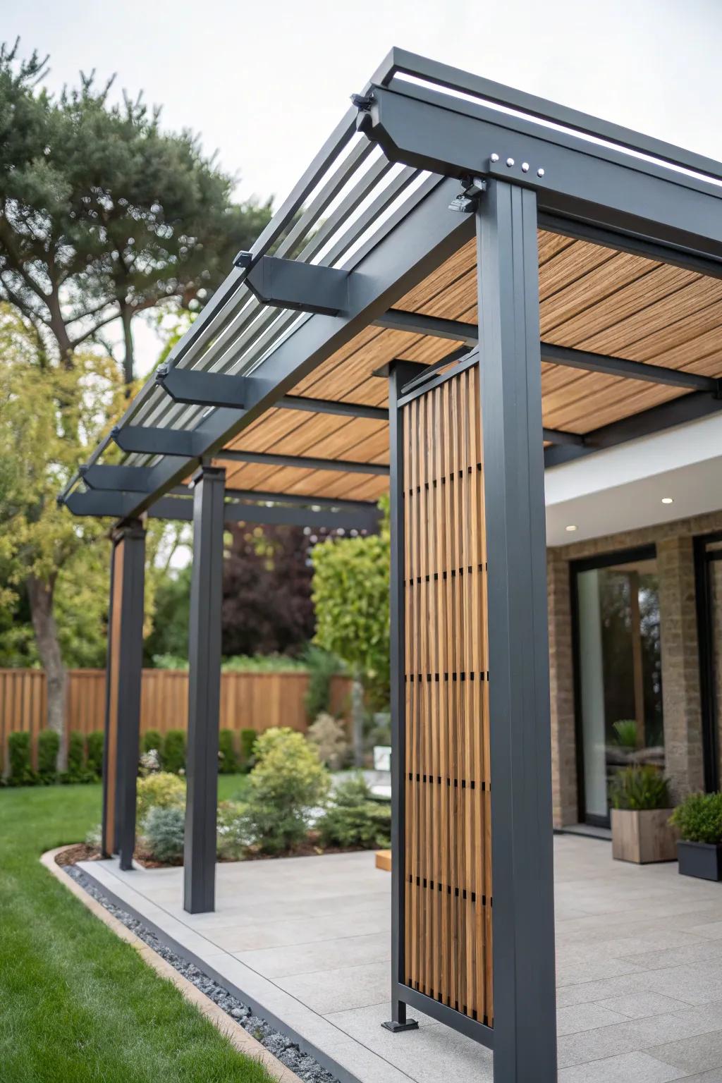 A modern pergola combining metal and wood, adding visual interest to the home's exterior.
