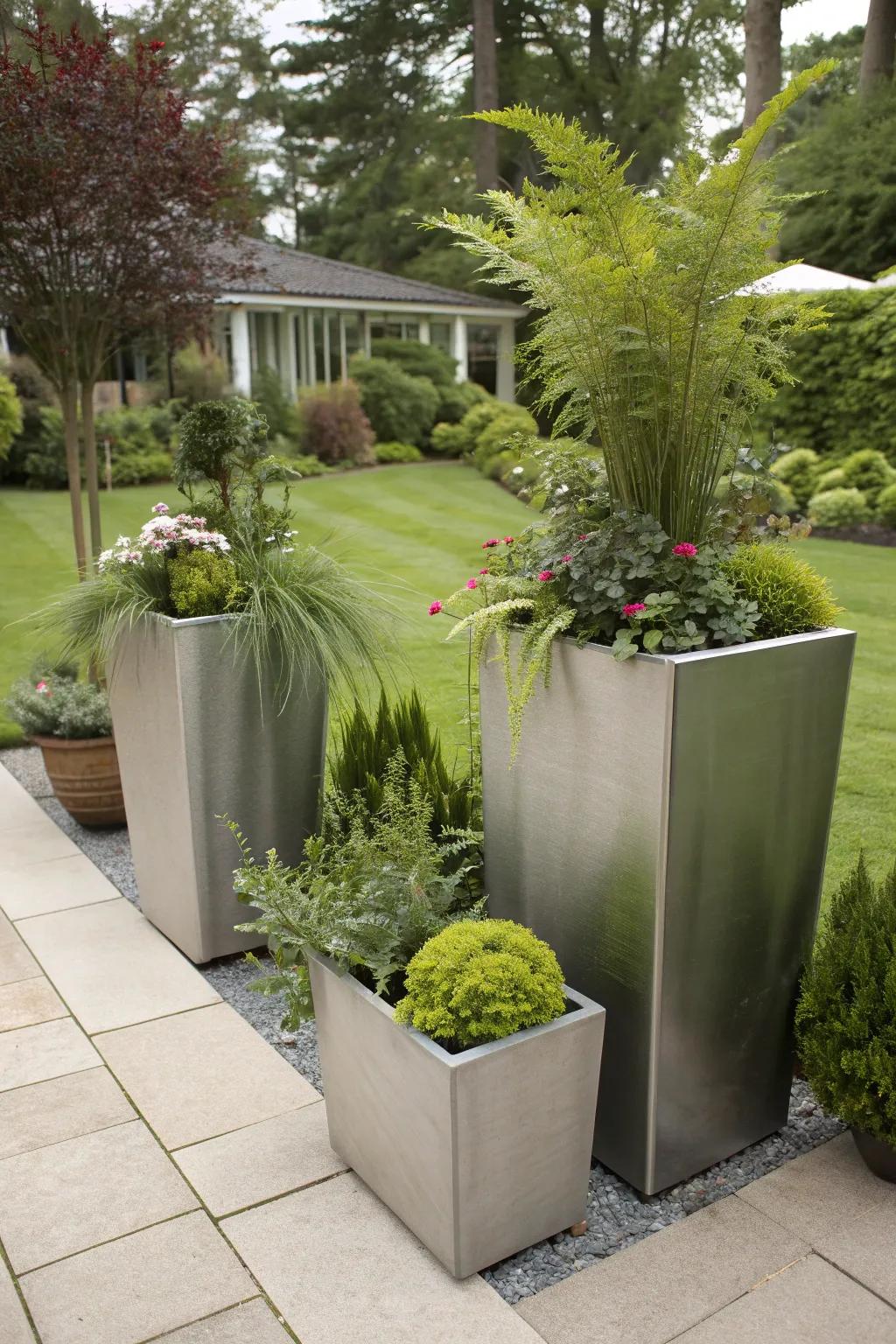 Metal planters offer a modern twist to outdoor decor.