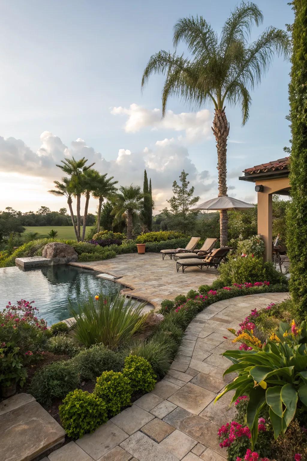 Integrated greenery in a modern pool patio.