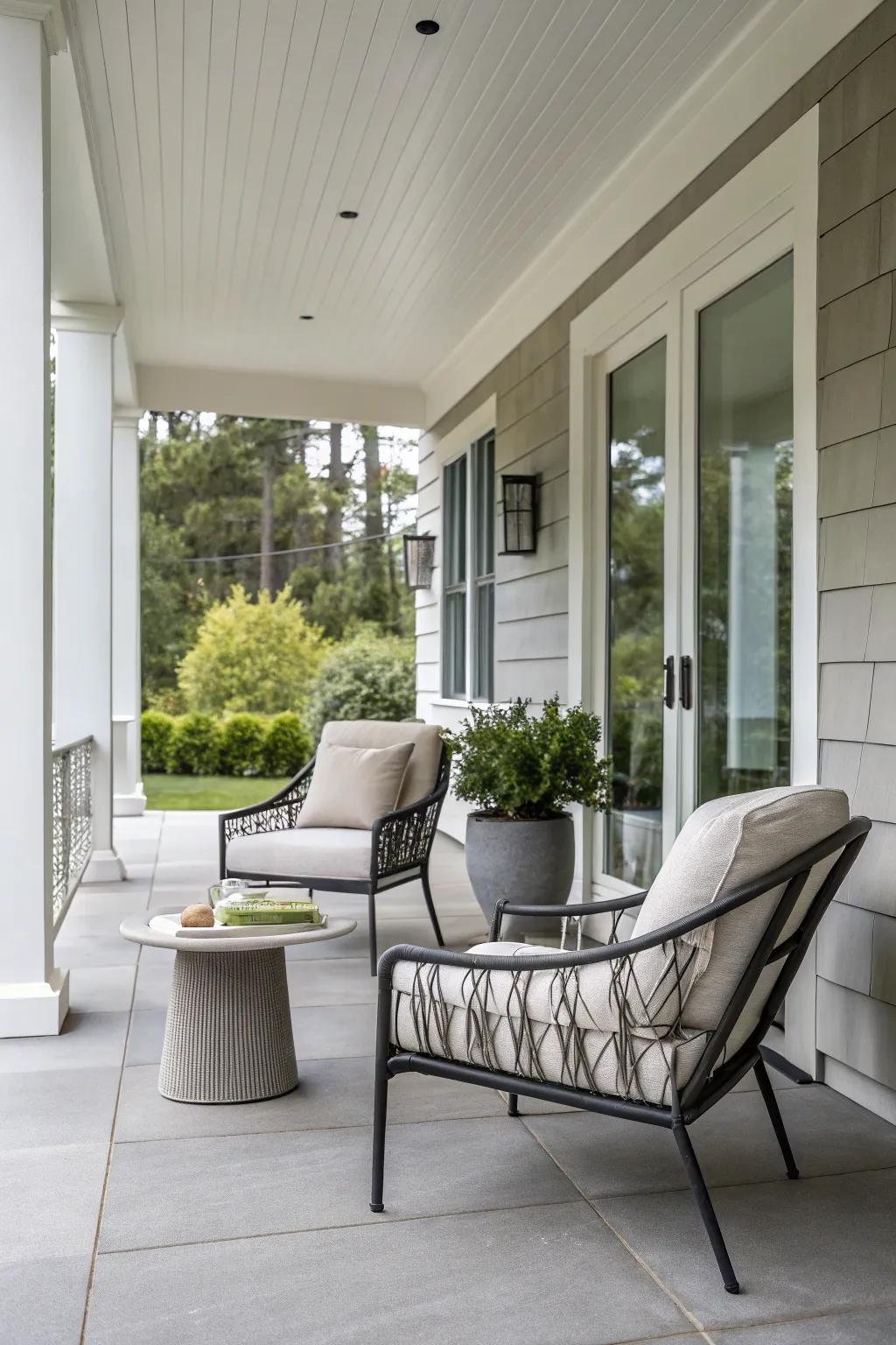 A modern porch featuring a neutral color palette.
