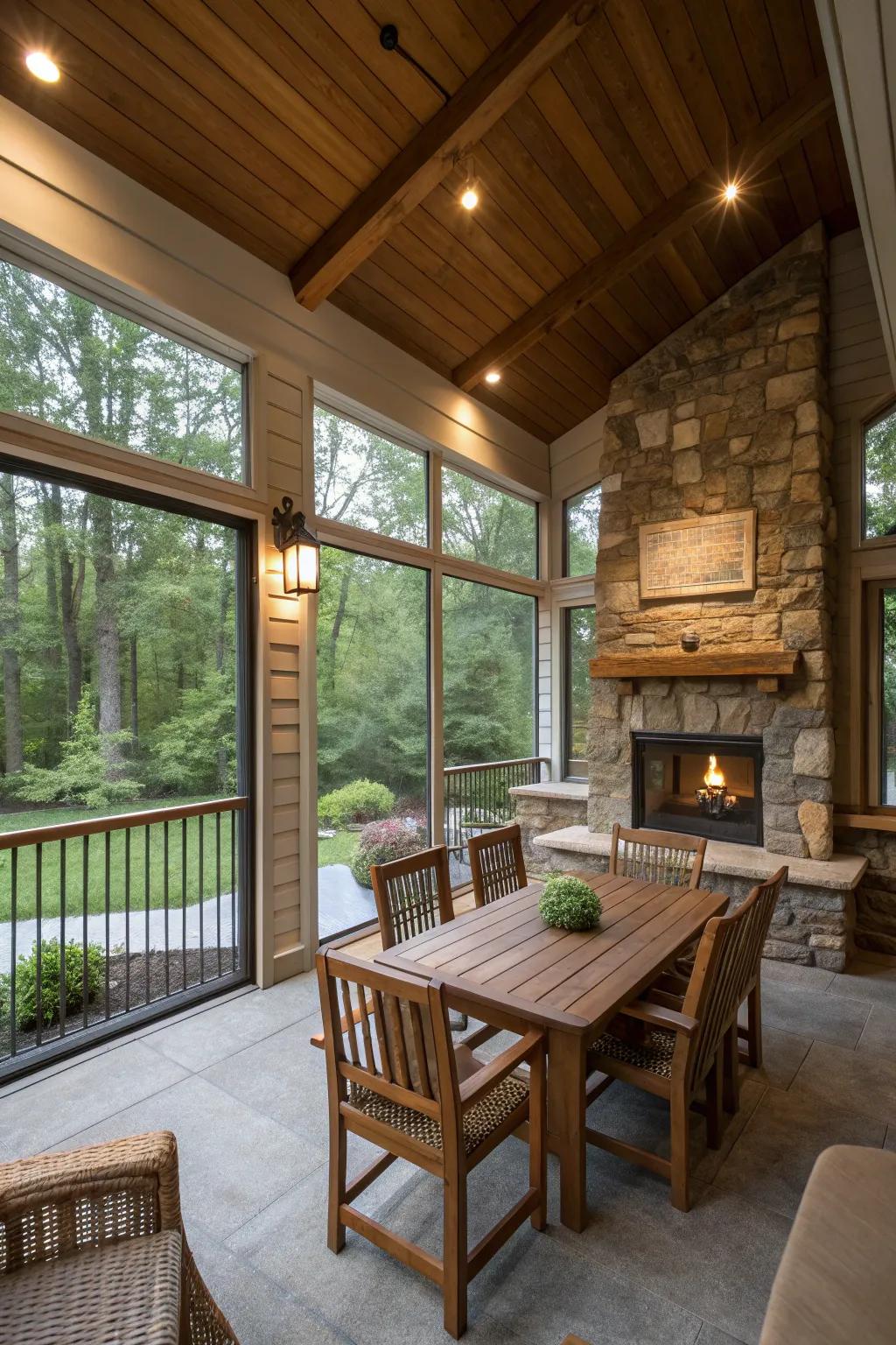 Natural materials like wood and stone enhance the porch's earthy charm.