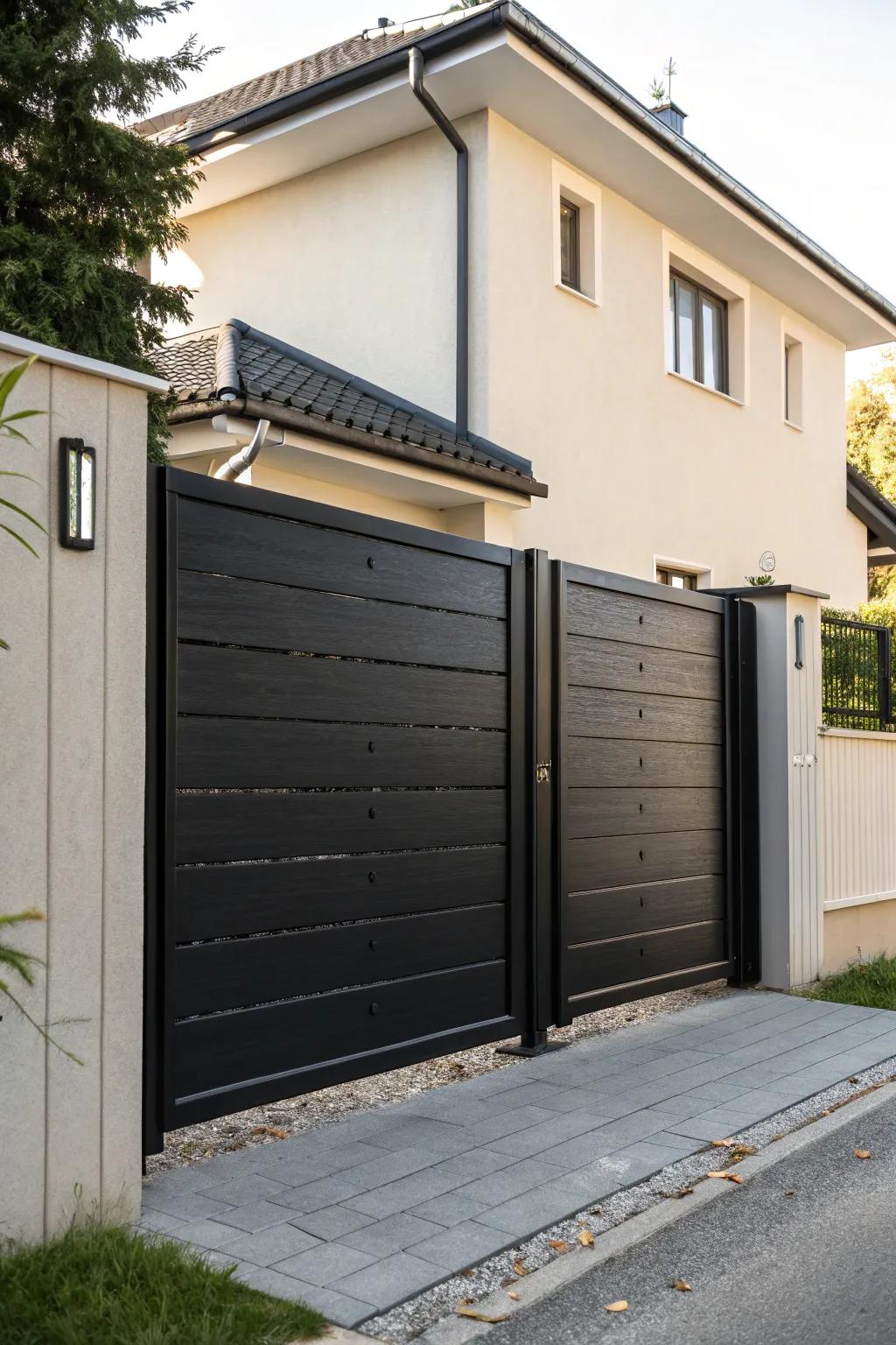 A bold, dark sliding gate for a touch of elegance.