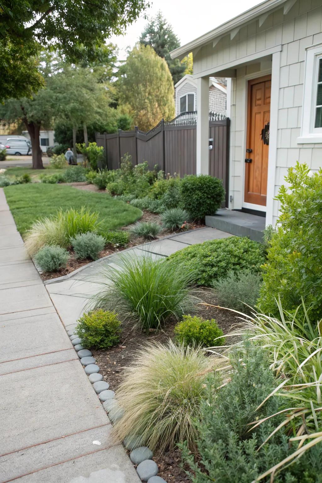Ornamental grasses and shrubs for an easy-care front yard.