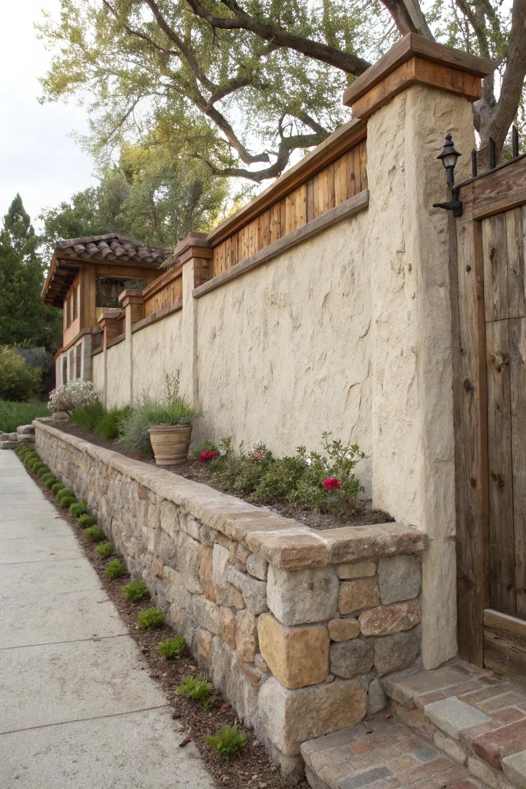 Mix stucco with wood and stone for a textured, layered look.