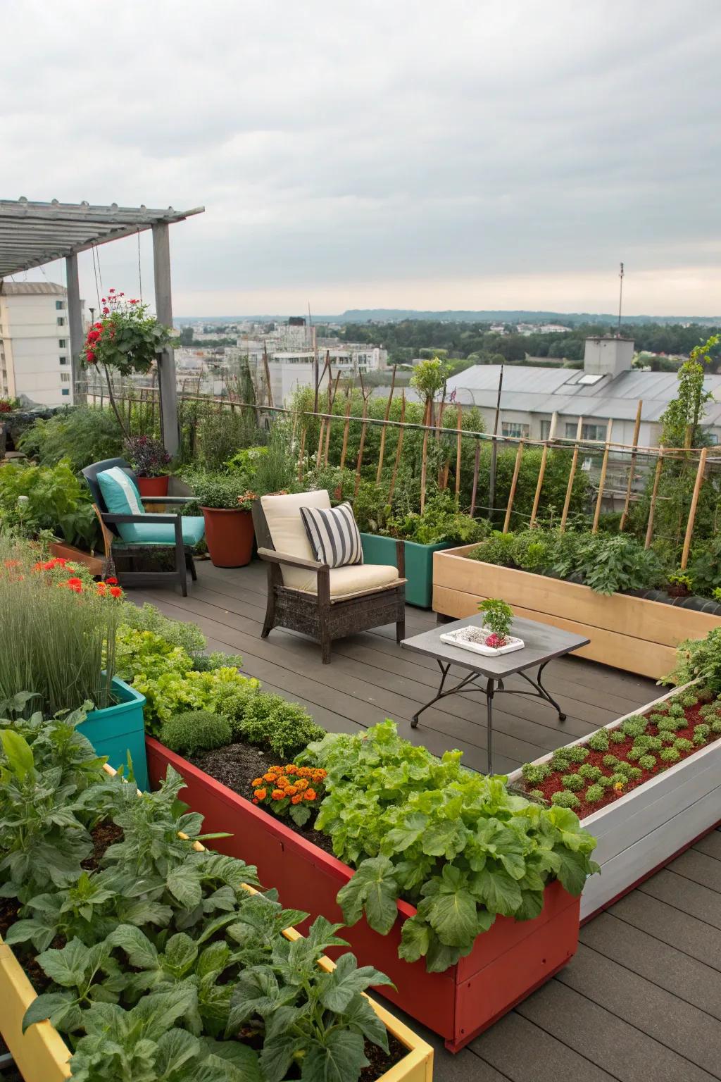 A rooftop garden oasis with containers brimming with vegetables.