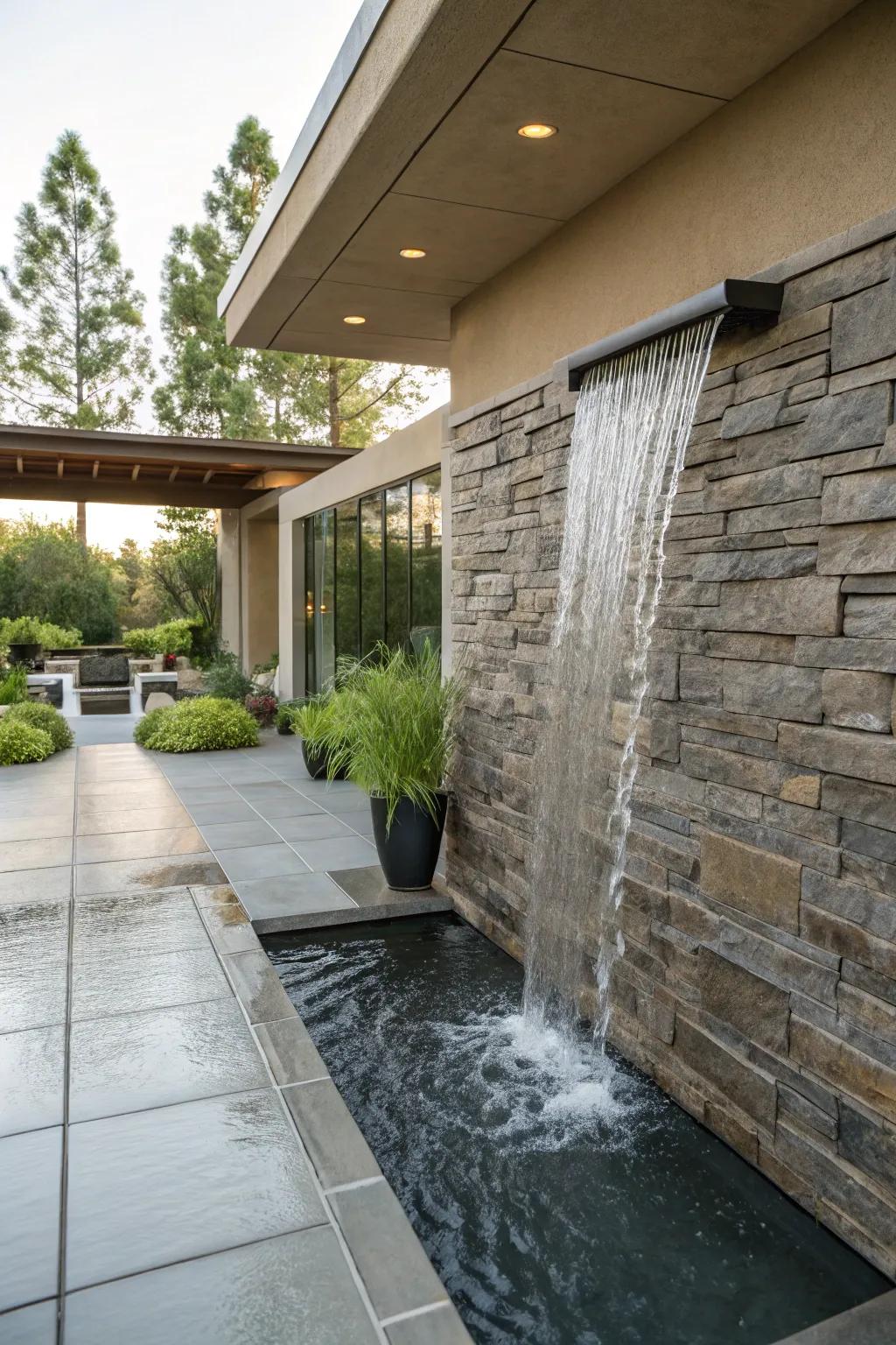 A wall-mounted waterfall brings elegance to a patio.