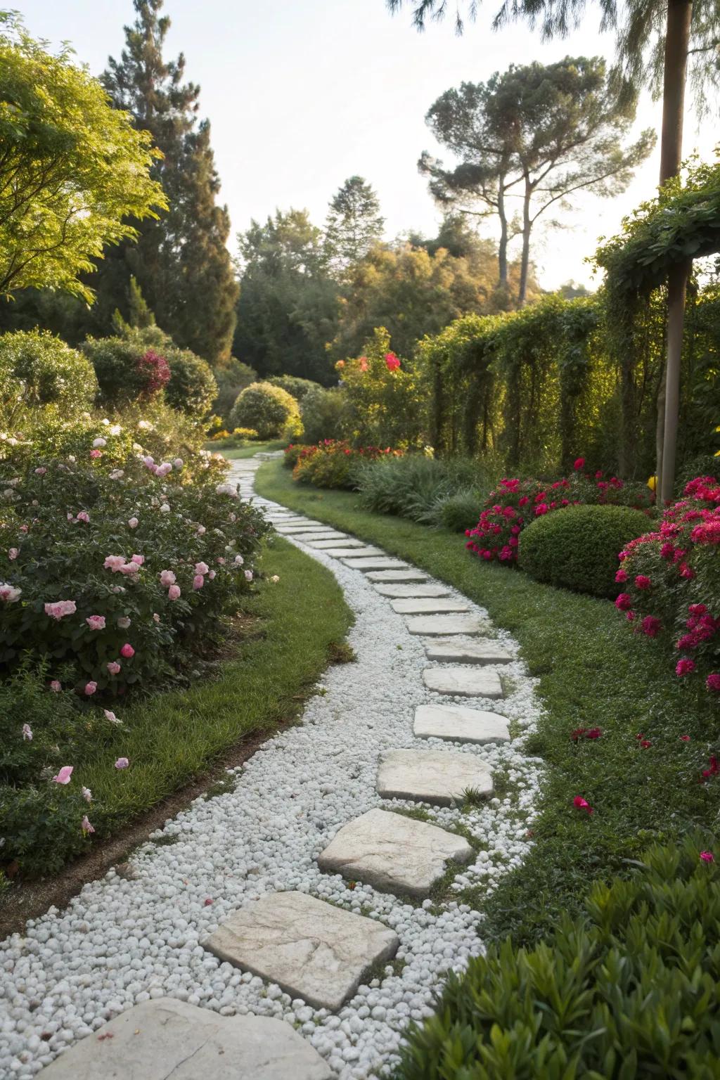 Create inviting paths with white pebbles and stepping stones.