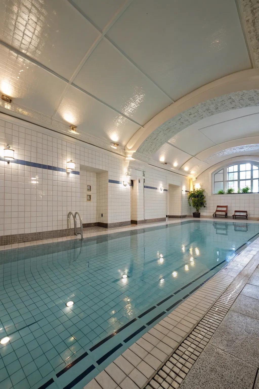 A luxurious indoor pool featuring modern white tiles.