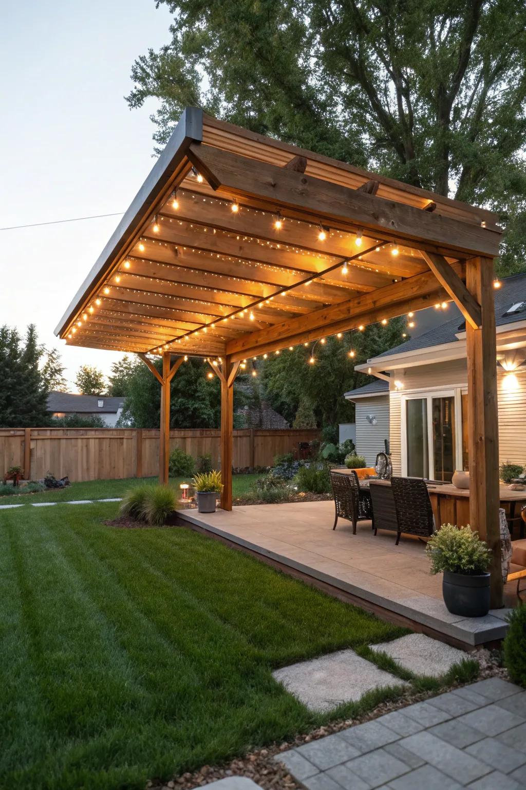 An awning with integrated lighting, perfect for illuminating summer nights.