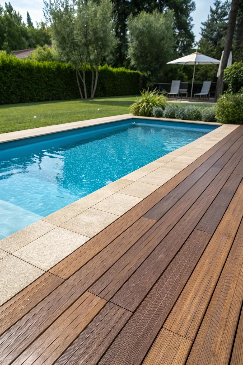 A pool deck that uses contrasting tones to highlight the pool's blue waters.