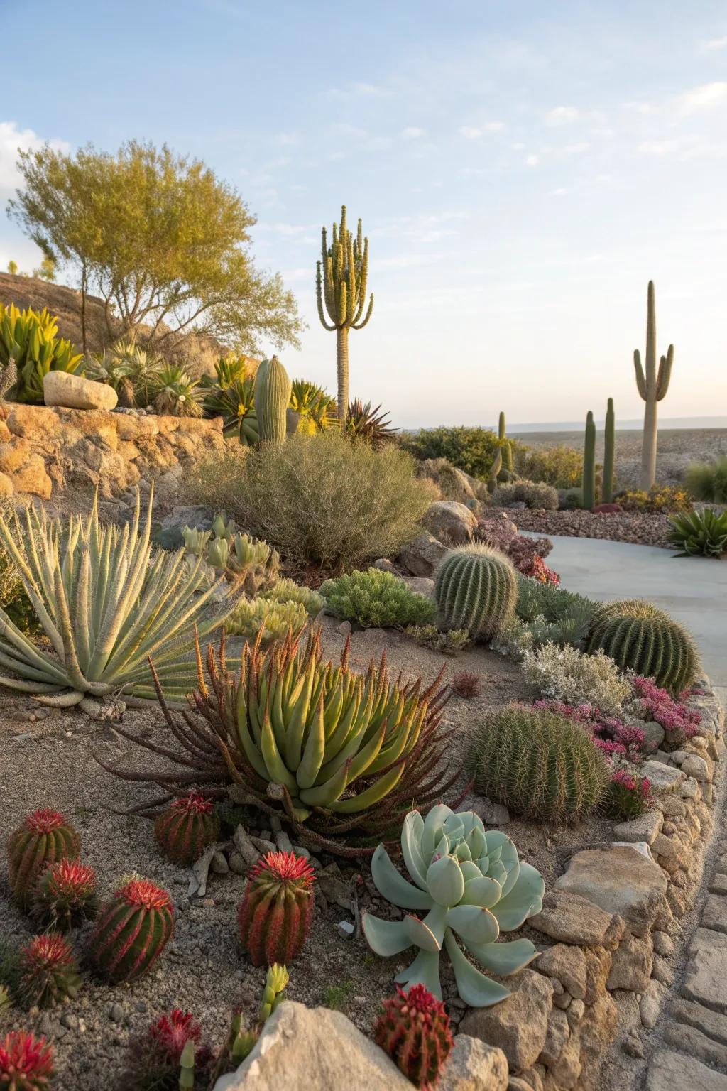 A xeriscape garden featuring a variety of succulents and cacti.