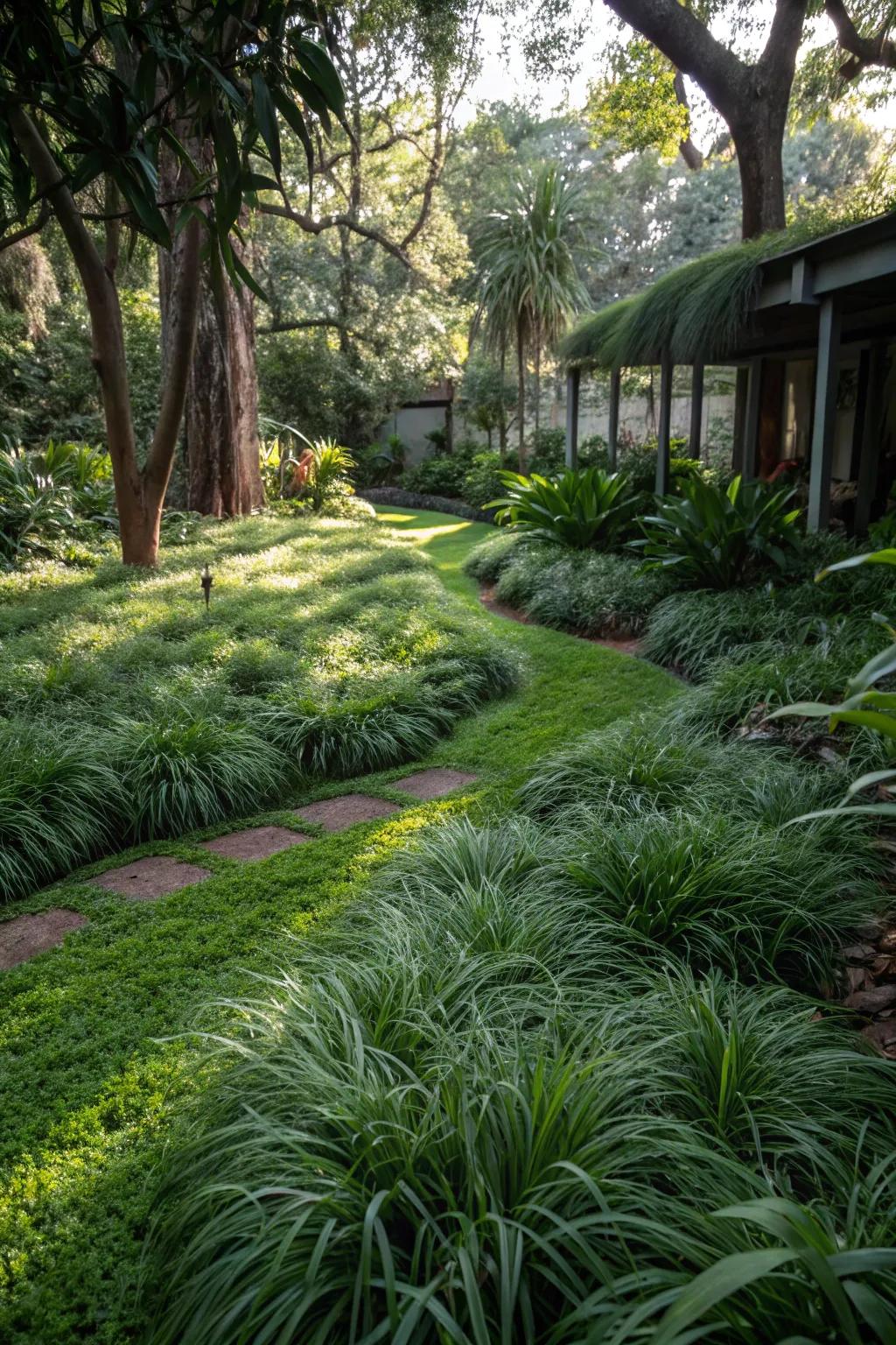 A dense carpet of mondo grass thriving in a shaded garden corner.