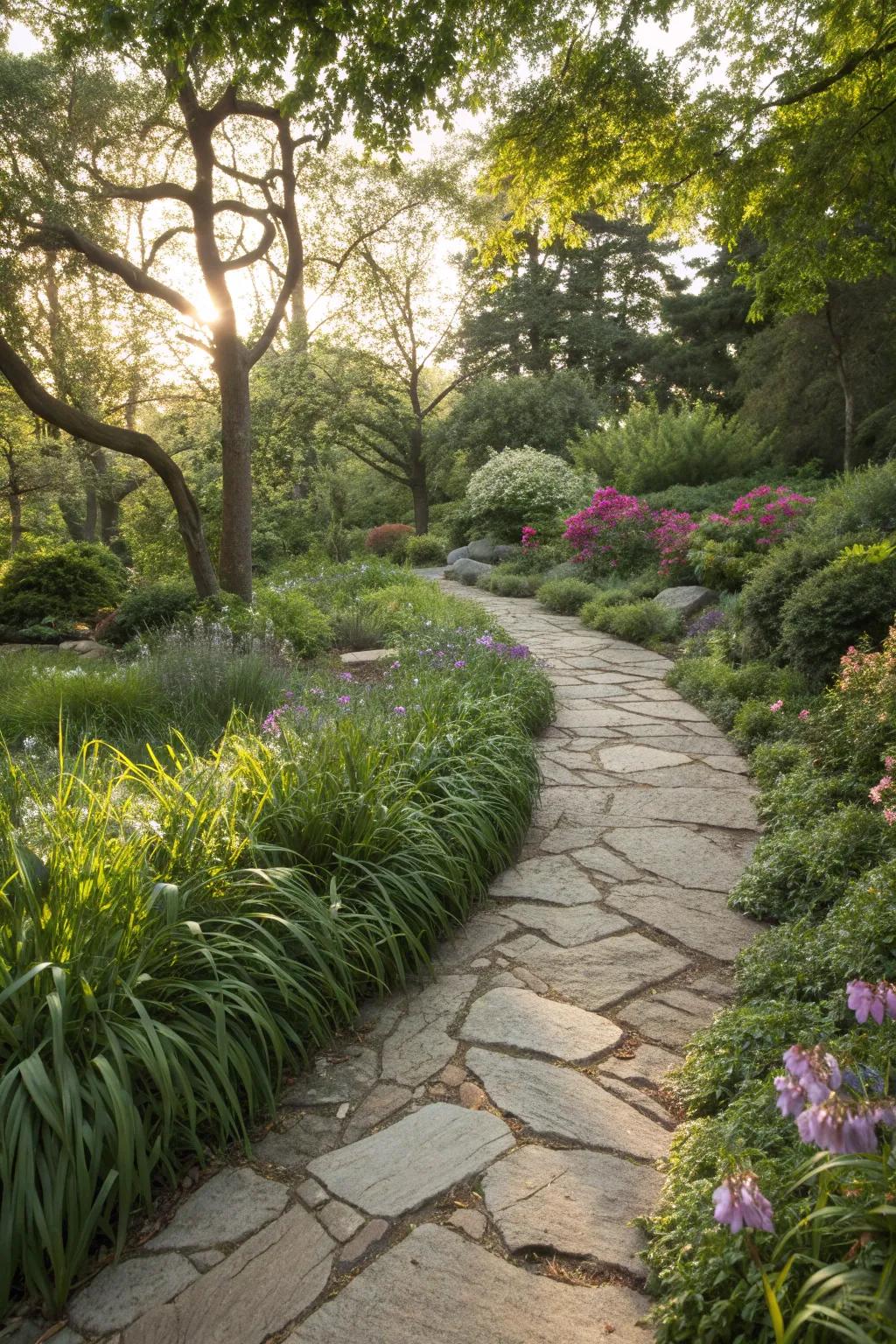 Soften path edges with monkey grass.
