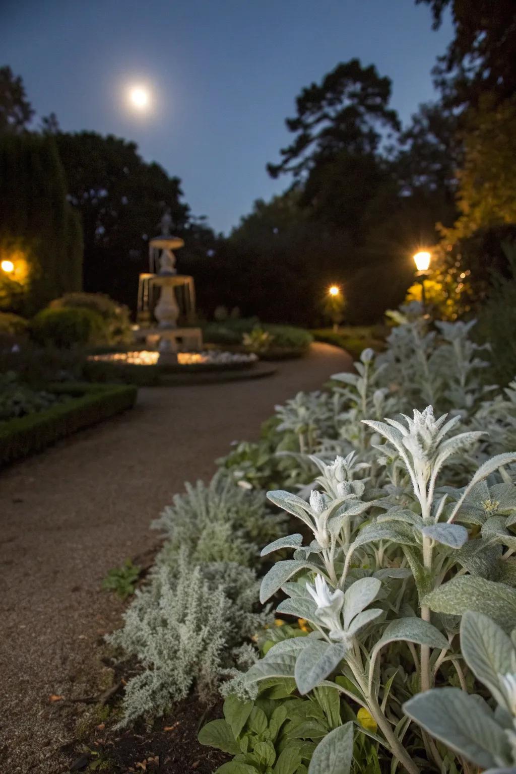 An elegant display of white and silver plants glowing under the moon.