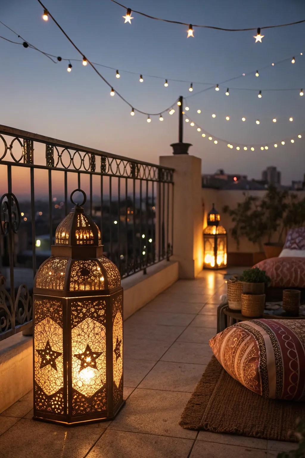 Create a magical ambiance with Moroccan lanterns and string lights.