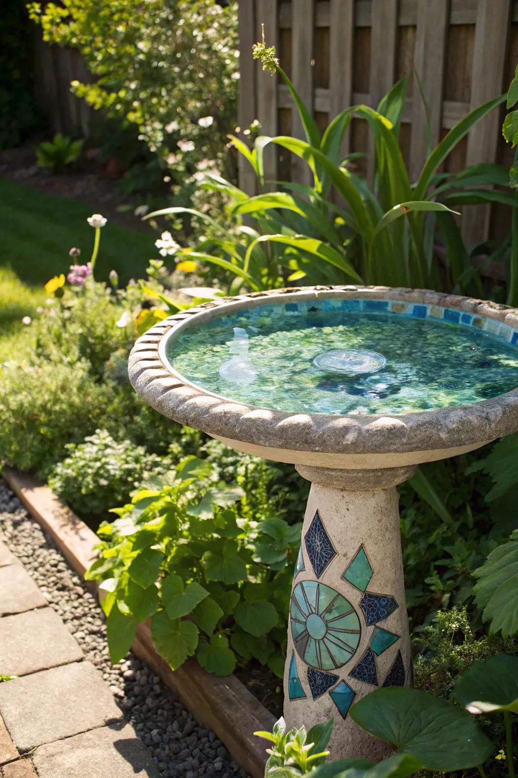 A sea glass mosaic bird bath, capturing the essence of the ocean in your garden.