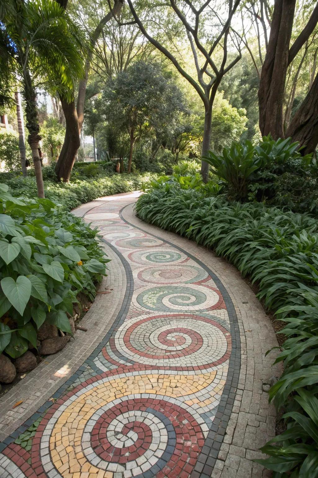Whimsical swirls add a touch of playfulness to this garden path.
