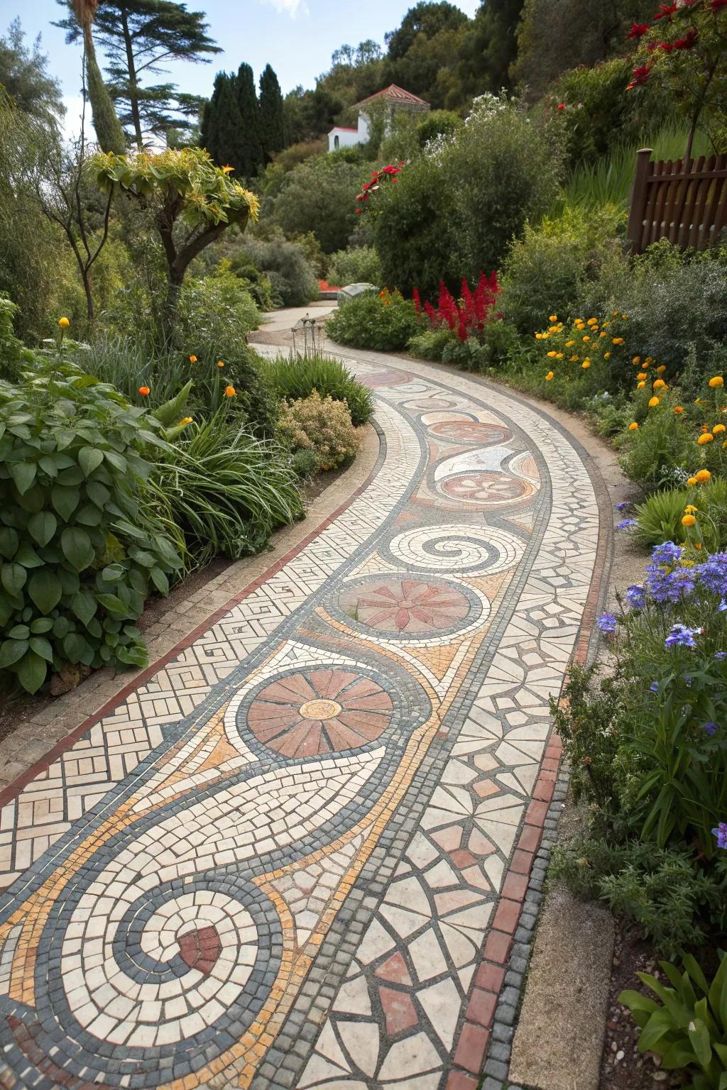An artistic mosaic pathway featuring swirls and geometric patterns, adding an elegant touch to the garden.