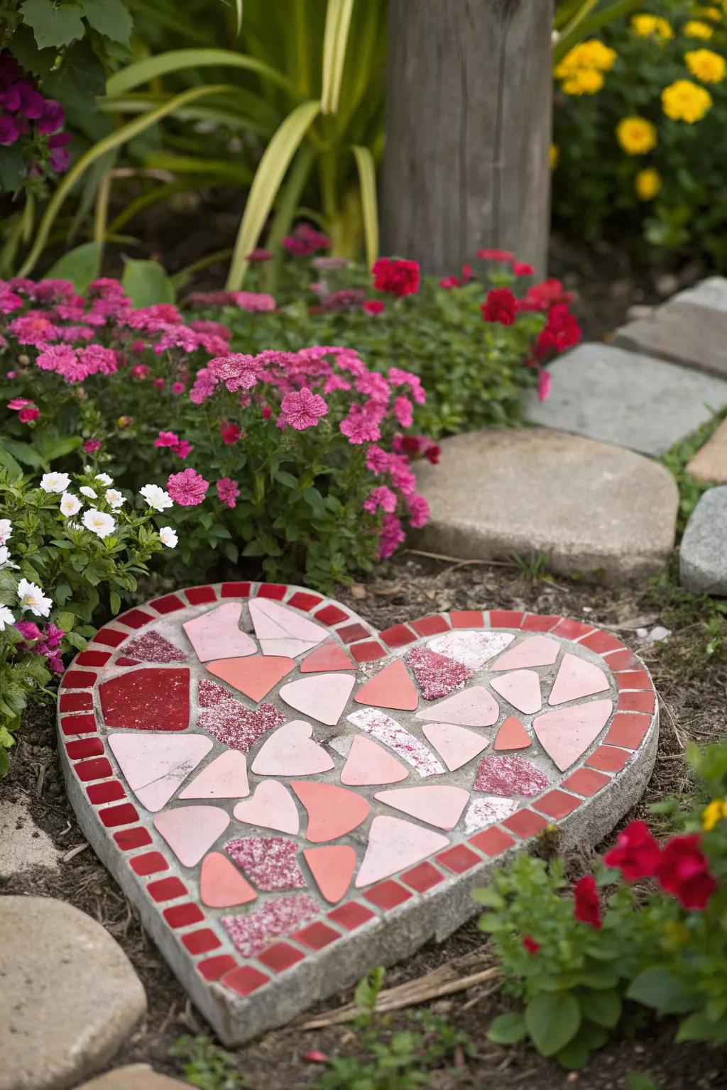 Heart-shaped mosaic stones add a touch of romance to your garden